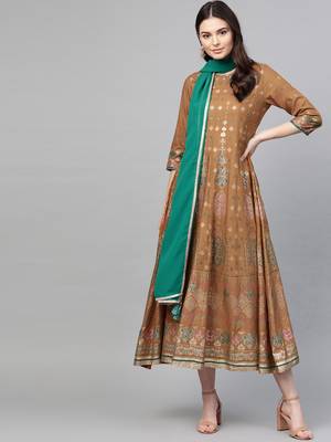 Mustard printed liva long-kurtis 1
