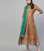 Mustard printed liva long-kurtis