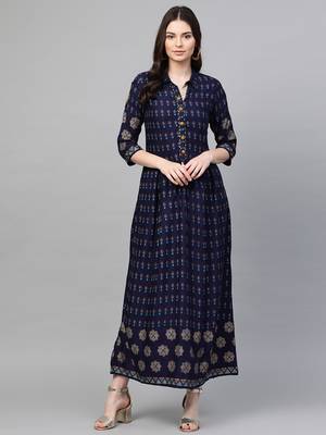 Navy-blue printed liva long-kurtis 1