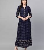Navy-blue printed liva long-kurtis