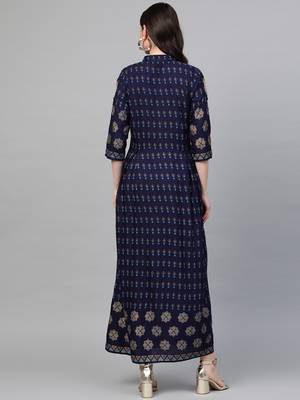 Navy-blue printed liva long-kurtis 2