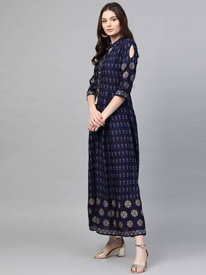 Navy-blue printed liva long-kurtis 3