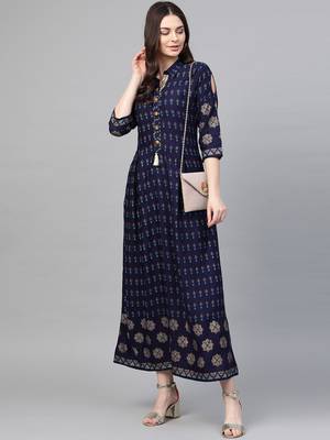 Navy-blue printed liva long-kurtis 4