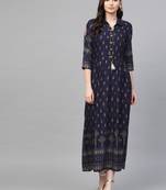 Navy-blue printed liva long-kurtis