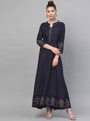 Navy-blue printed liva long-kurtis 1