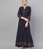 Navy-blue printed liva long-kurtis