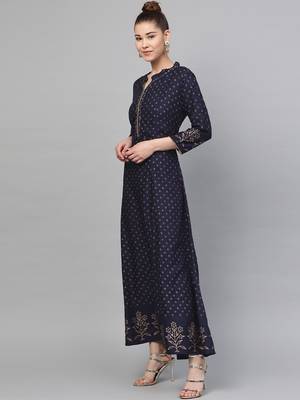 Navy-blue printed liva long-kurtis 3