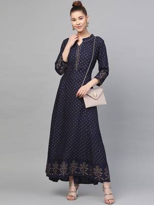 Navy-blue printed liva long-kurtis 4