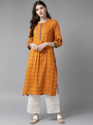 Orange printed liva ethnic-kurtis 1