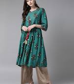 Dark-teal printed liva ethnic-kurtis
