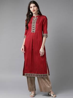 Maroon printed art silk ethnic-kurtis 1