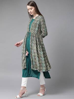 Teal printed liva ethnic-kurtis 3
