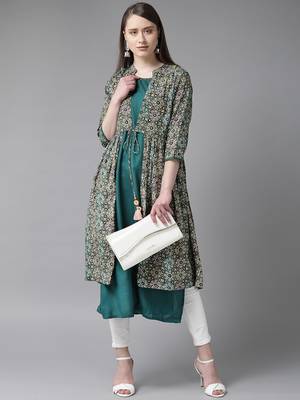 Teal printed liva ethnic-kurtis 4
