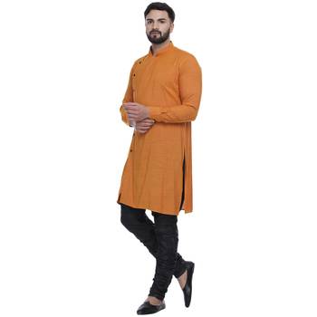 Yellow Plain Rayon Men Kurtas 3