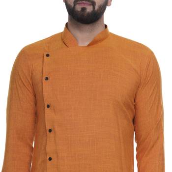 Yellow Plain Rayon Men Kurtas 4
