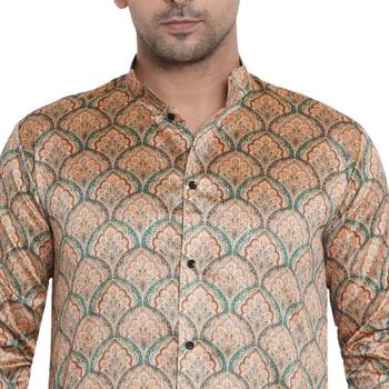 Beige Printed Jaquard Men Kurtas 5