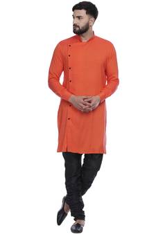 Orange Plain Rayon Men Kurtas