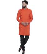 Orange Plain Rayon Men Kurtas
