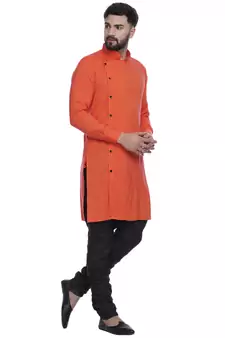 Orange Plain Rayon Men Kurtas