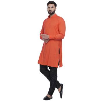 Orange Plain Rayon Men Kurtas 3