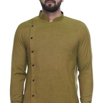 Green Plain Rayon Men Kurtas 4
