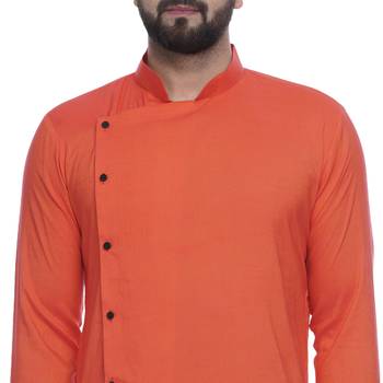 Orange Plain Rayon Men Kurtas 4