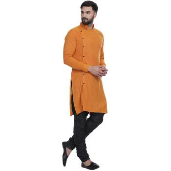 Orange Plain Rayon Men Kurtas 3