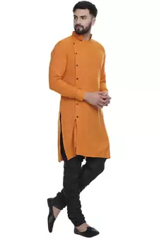 Orange Plain Rayon Men Kurtas