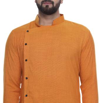 Orange Plain Rayon Men Kurtas 4