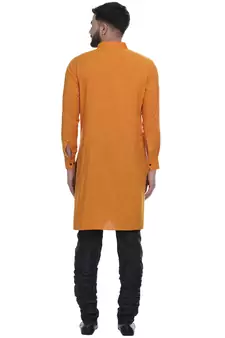 Orange Plain Rayon Men Kurtas
