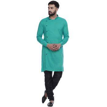 Green Plain Rayon Men Kurtas 1