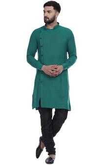 Green Plain Rayon Men Kurtas