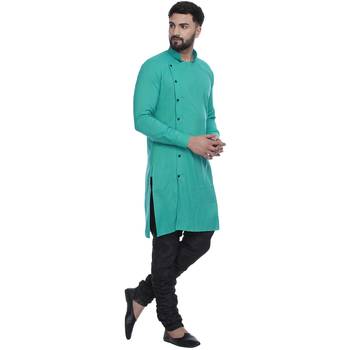 Green Plain Rayon Men Kurtas 2