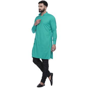 Green Plain Rayon Men Kurtas 3