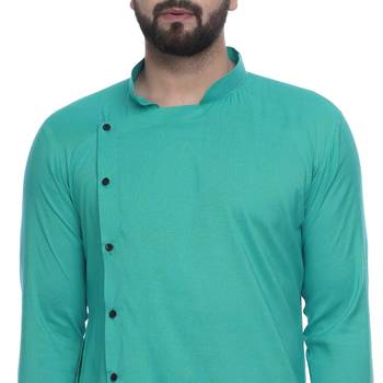 Green Plain Rayon Men Kurtas 4