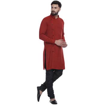 Red Plain Rayon Men Kurtas 2