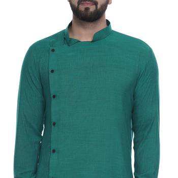 Green Plain Rayon Men Kurtas 4