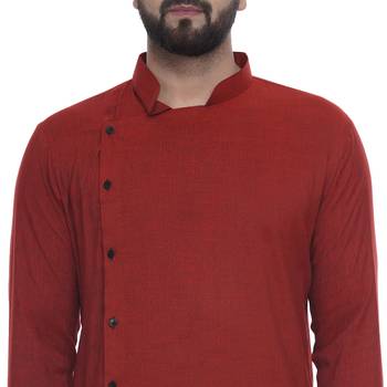 Red Plain Rayon Men Kurtas 4