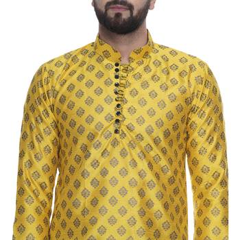 Yellow Brasso Jacquard Men Kurtas 5