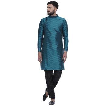 Turquoise Brasso Jacquard Men Kurtas 1