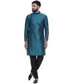 Turquoise Brasso Jacquard Men Kurtas