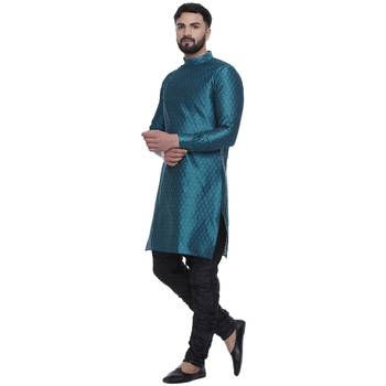 Turquoise Brasso Jacquard Men Kurtas 2