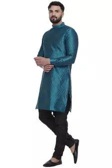 Turquoise Brasso Jacquard Men Kurtas