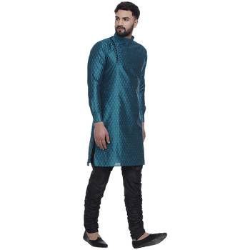 Turquoise Brasso Jacquard Men Kurtas 3
