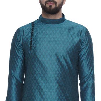 Turquoise Brasso Jacquard Men Kurtas 5