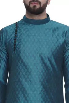 Turquoise Brasso Jacquard Men Kurtas