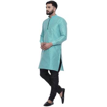 Green Brasso Jacquard Men Kurtas 3