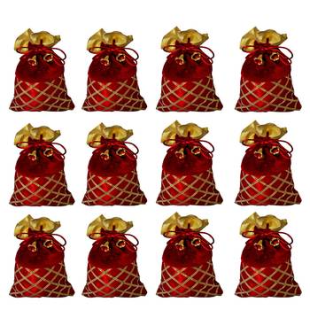 Potli Pouch Combo with Criss-Cross Gota Strips Maroon Color Silk and Velvet Fabric (Pack of 12) 1