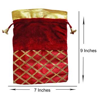 Potli Pouch Combo with Criss-Cross Gota Strips Maroon Color Silk and Velvet Fabric (Pack of 12) 3
