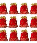 Potli Pouch Combo with Criss-Cross Gota Strips Red Color Silk and Velvet Fabric (Pack of 12)